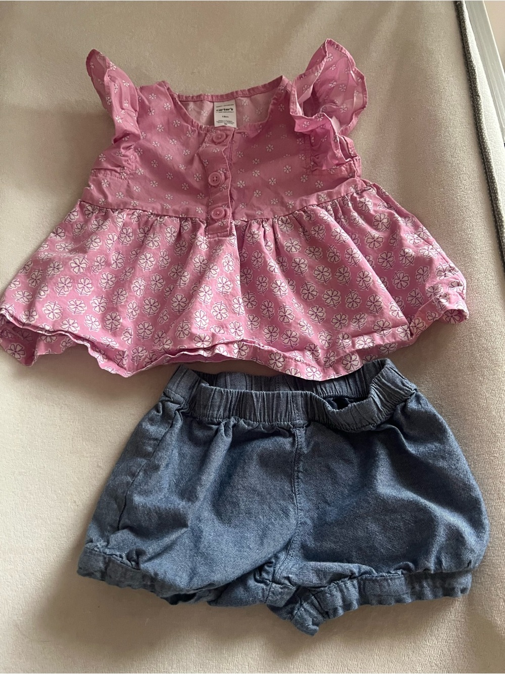 Carter's Pink Floral Top with Blue Denim-Look Shorts - Kids Matching Set